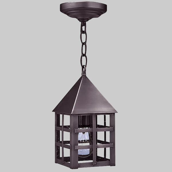 Dark metal hanging lantern on a gray background