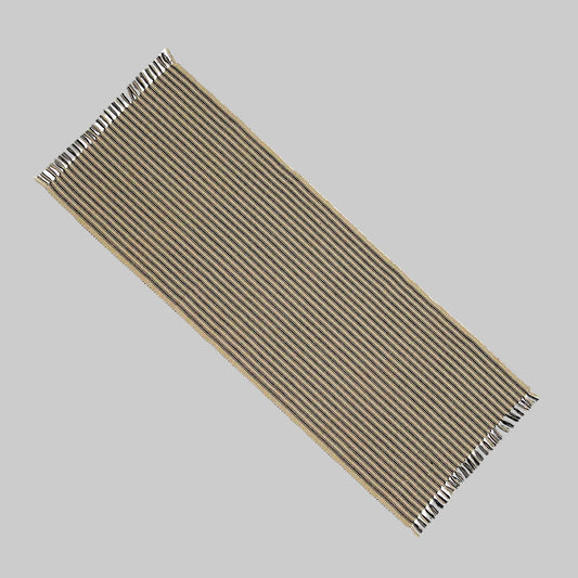A beige cotton York ticking table runner with a black border.
