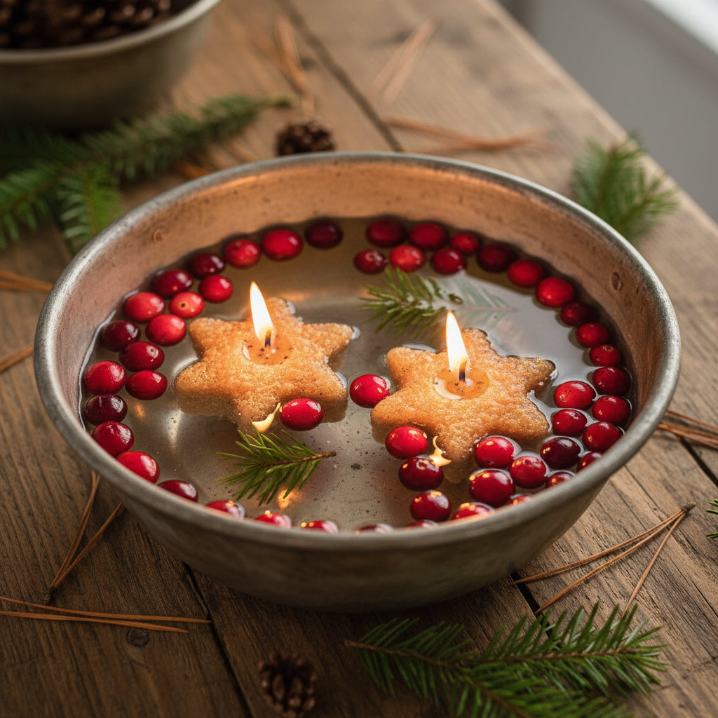 Decorative bowl with floating star-shaped candles and cranberries on a wooden surface.