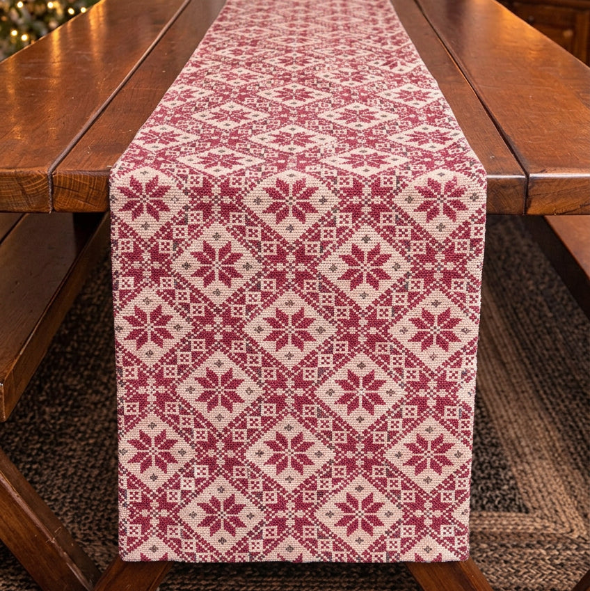 A red and cream holiday table runner with a snowflake pattern, styled on a wooden dining table with a snowman figurine and miniature Christmas trees in a decorated living room.