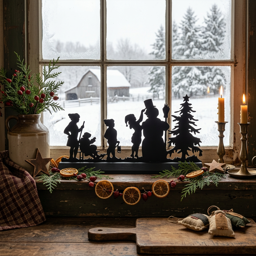 Black wooden silhouette of children decorating Frosty the Snowman beside a Christmas tree, displayed on a windowsill with greenery and candles.