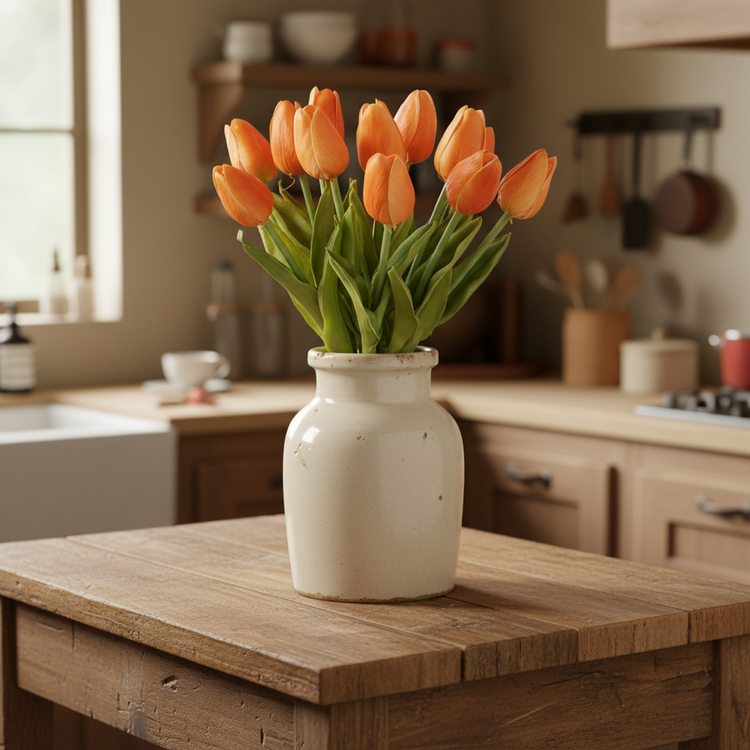 Orange tulips in an antique crock on a wood table in a primitive kitchen