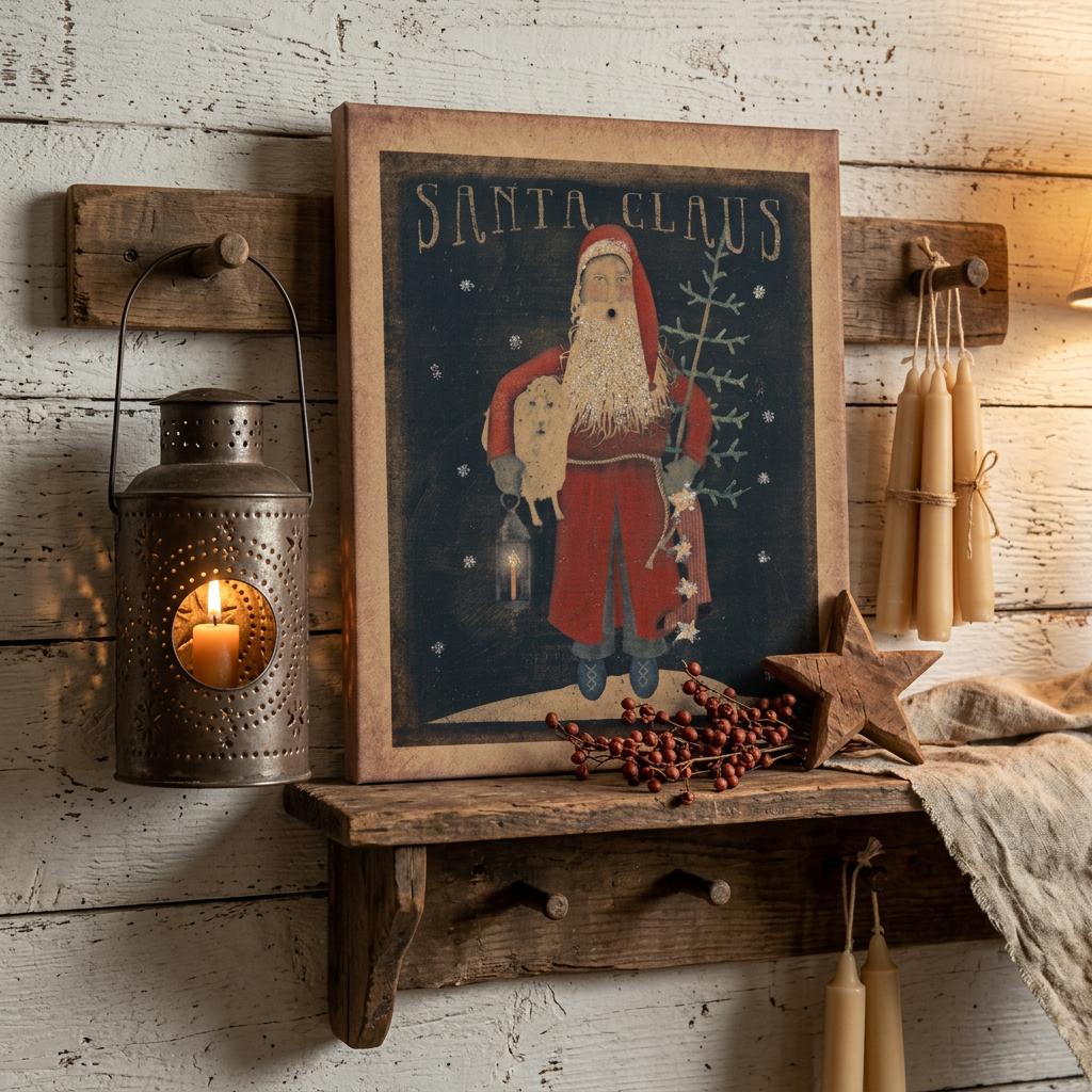 Santa Claus canvas print on a rustic wooden shelf beside a glowing lantern, wooden star, red berries, and hanging taper candles.
