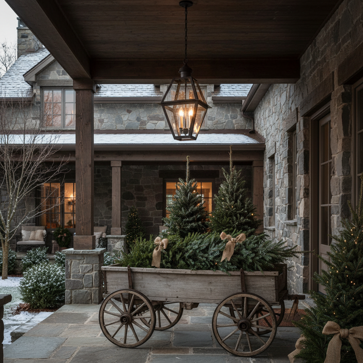 Outdoor colonial hanging light on a porch of a stone house over a wood cart of pine trees.