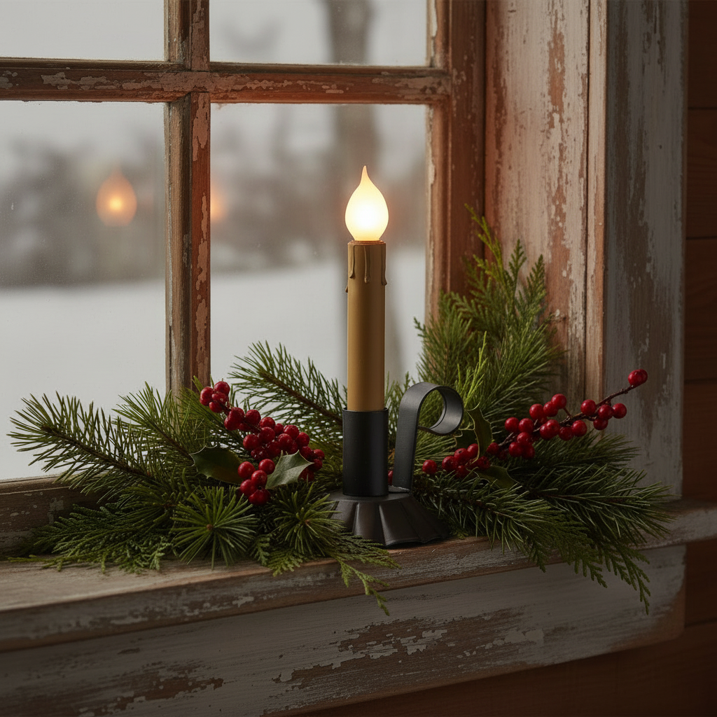 Tin window light in a rustic window with fresh greens.