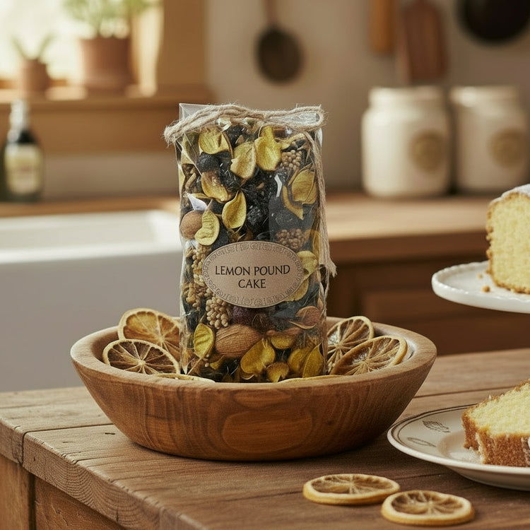 Lemon Pound Cake potpourri in packaging on a wood bowl in a kitchen setting