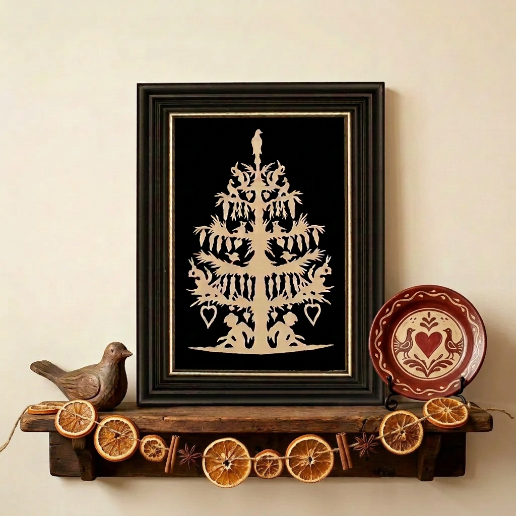Nature’s Valentine Tree scherenschnitte in a black frame, displayed on a rustic wooden shelf with a bird figurine, heart plate, and dried orange garland.