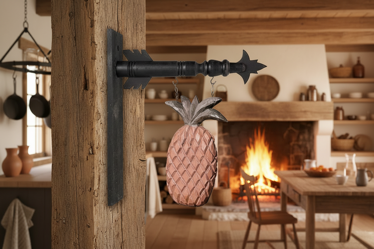 Black arrow with pineapple hanger in a primitive kitchen with a fireplace