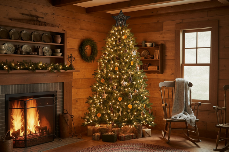 Tin tree top star on a colonial Christmas tree in a cozy room with a fireplace