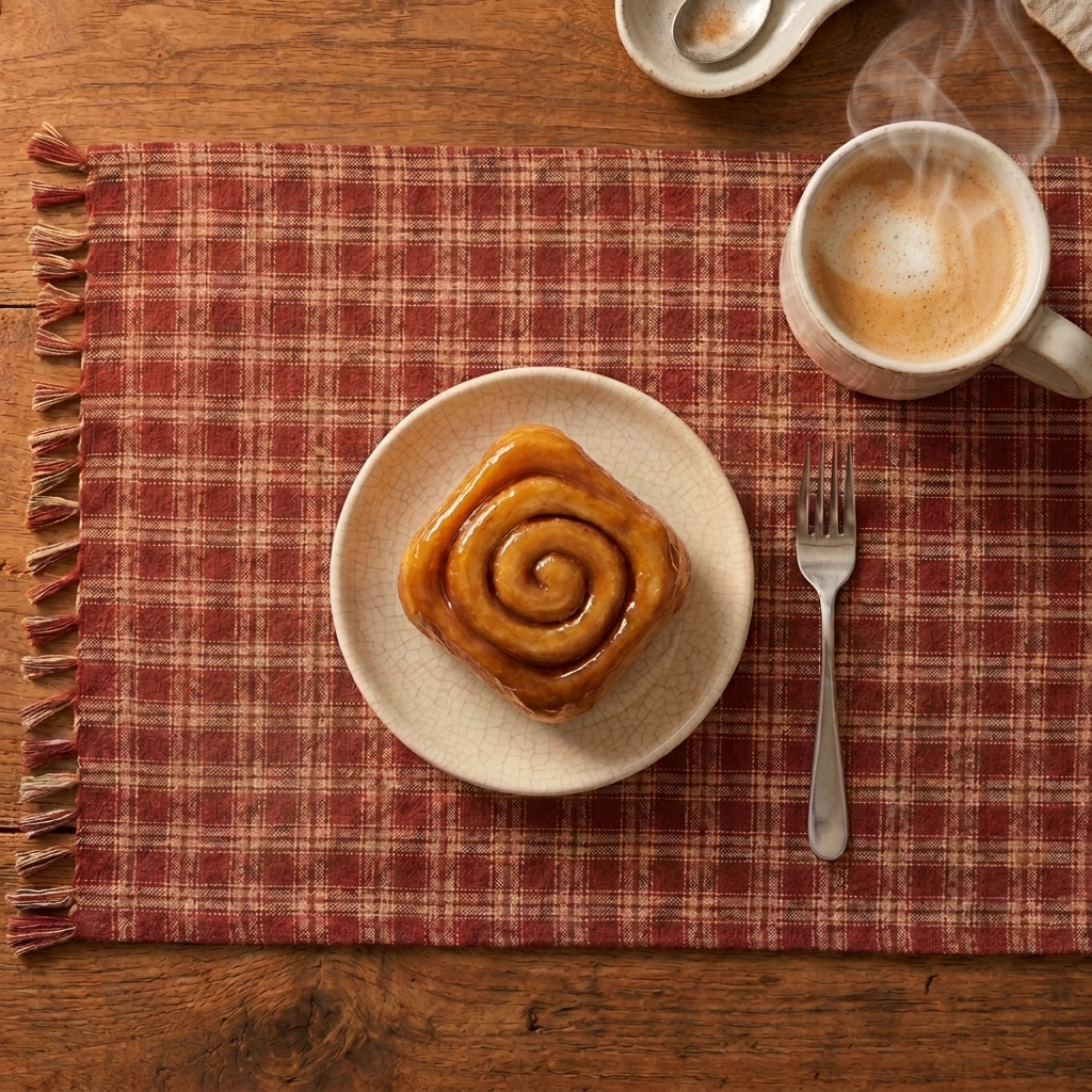 Sturbridge placemat in wine red and tan plaid with fringed edges, styled on a wooden table with a cinnamon roll and coffee.