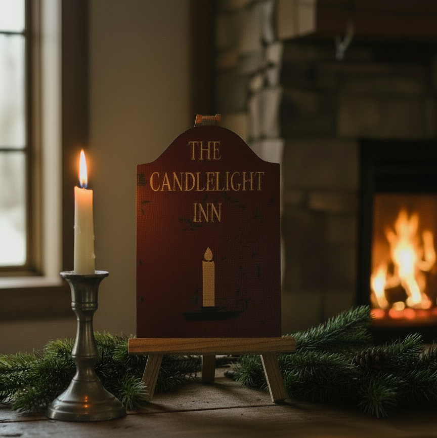 Decorative sign for 'The Candlelight Inn' with a candle and fireplace in the background.