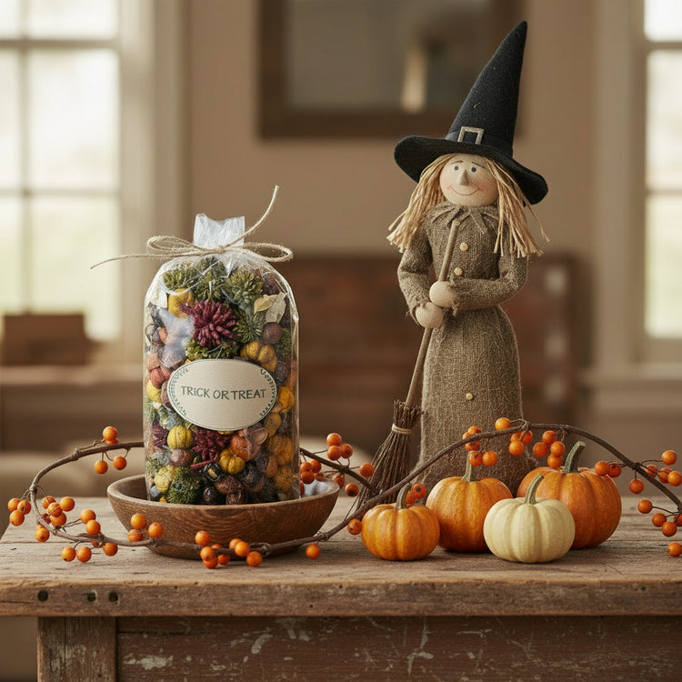 Trickor Treat potpourri in packaging on a wood bowl with Fall decorations