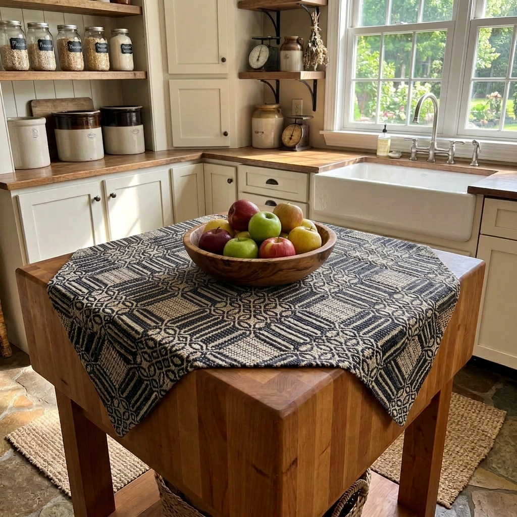 Windham black and tan table square with a geometric diamond pattern, draped diagonally over a wooden kitchen island beneath a bowl of apples.