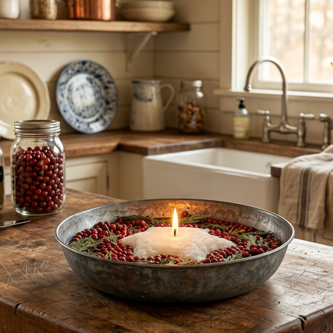 Lit white star-shaped floating candle surrounded by red berries and evergreen sprigs in a rustic bowl on a farmhouse kitchen counter.