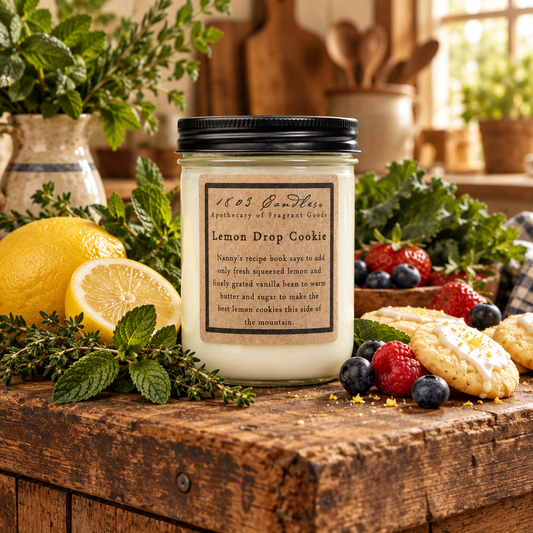 A glass jar candle labeled '1623 Apothecary Lemon Drop Cookie' sits on a rustic wooden table surrounded by lemons, mint leaves, blueberries, and cookies. The background shows a softly blurred kitchen scene with wooden utensils and jars.