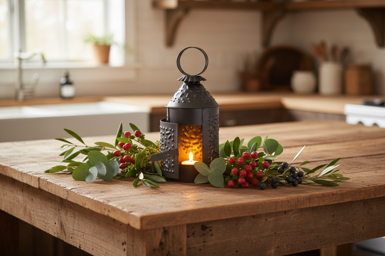 Tin revere lantern with fresh greens and berries on primitive kitchen island