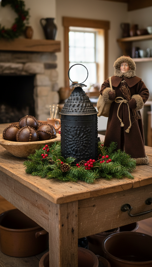 Decorative setup with a lantern, berries, and a figurine on a wooden table in a cozy room.