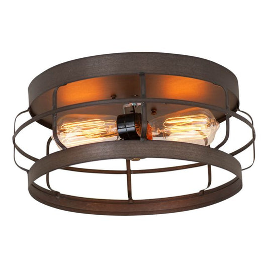 A ceiling-mounted flush mount light with a round strap design, featuring two visible bulbs and a brown finish.