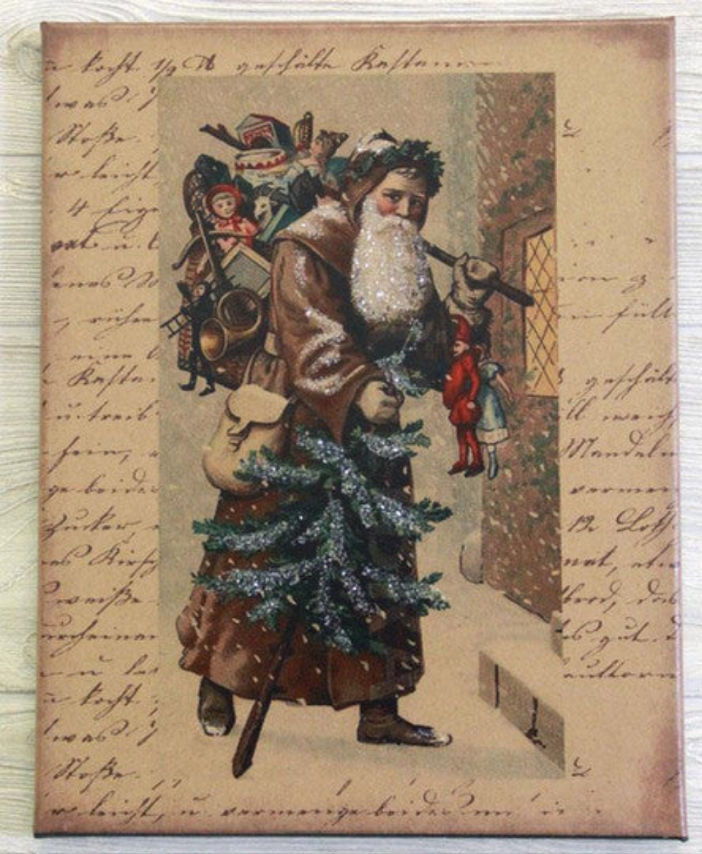 Canvas print featuring an illustration of Santa Claus carrying a sack full of gifts