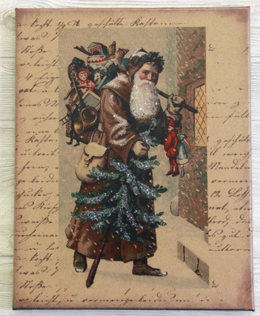 Canvas print featuring an illustration of Santa Claus carrying a sack full of gifts