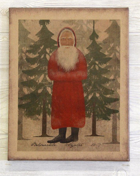 A canvas print featuring a vintage-style illustration of Santa Claus standing in a forest setting, predominantly red with green trees in the background.