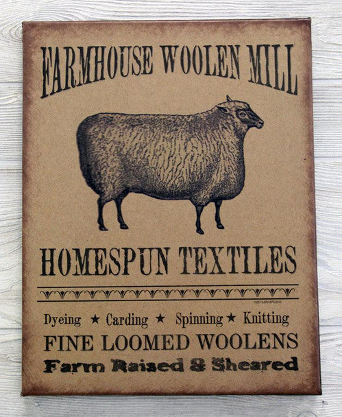 Canvas print with an illustration of a sheep advertising homespun textiles and fine loomed woolens