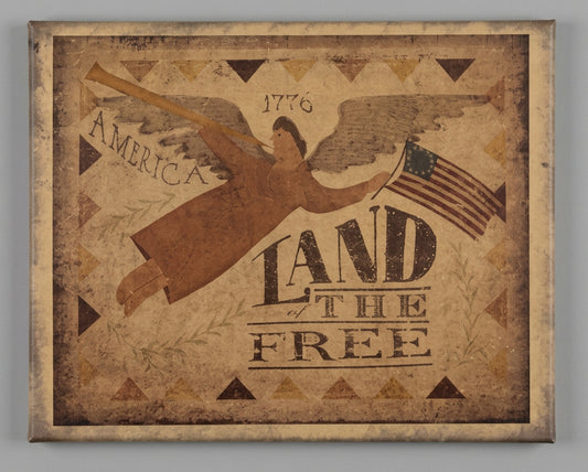 Vintage-style poster with a silhouette of a person holding an American flag and text 'America 1776 Land of the Free' on a textured background.