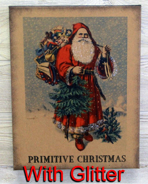 A canvas print featuring a vintage Christmas design with Santa Claus, reindeer, and a Christmas tree.