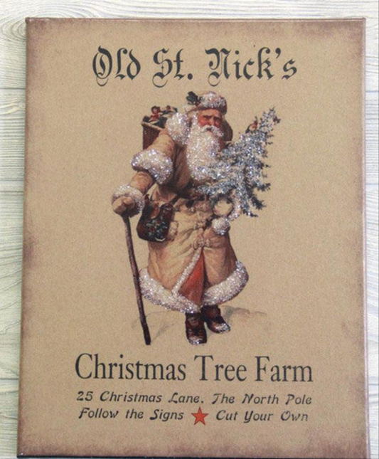 Canvas print featuring an illustration of St. Nick advertising his Christmas Tree Farm