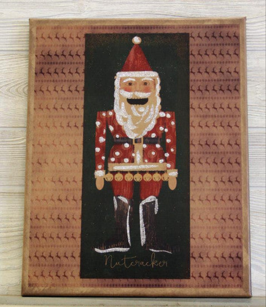 Canvas print featuring an illustration of a nutcracker surrounded by rows of prancing reindeer