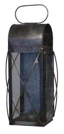 A 12-inch high tin lantern with a handle on top, featuring tin bands around the glass and a sliding pin to open the hinged door.