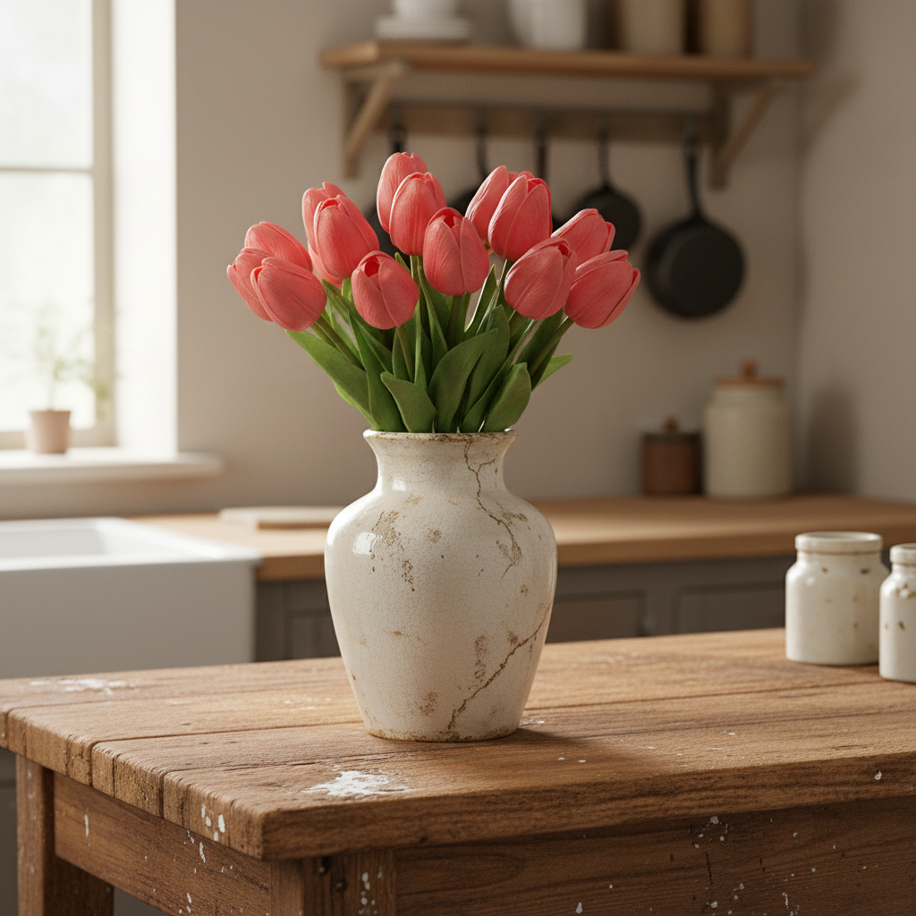 Vase with pink tulips on a wooden table in a kitchen setting