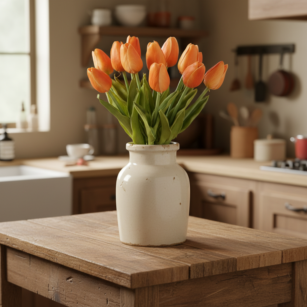 White vase with orange tulips on a wooden kitchen counter