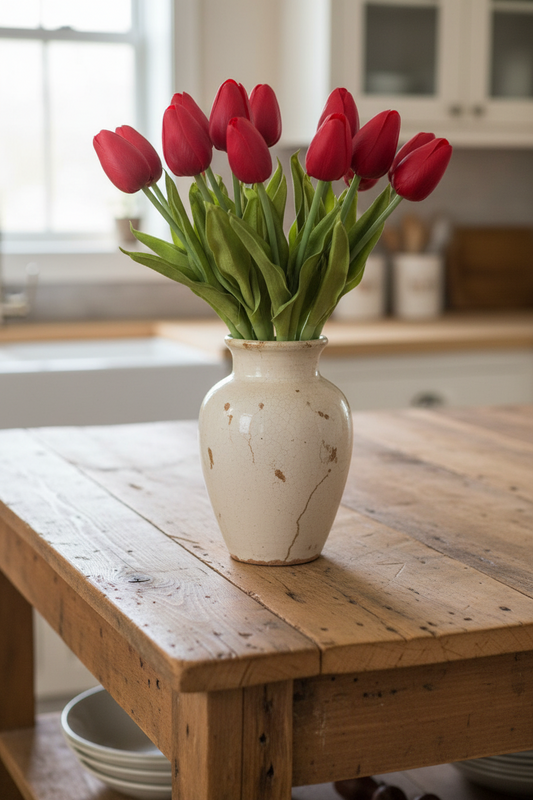 Red tulips in a white vase on a wooden table in a kitchen.