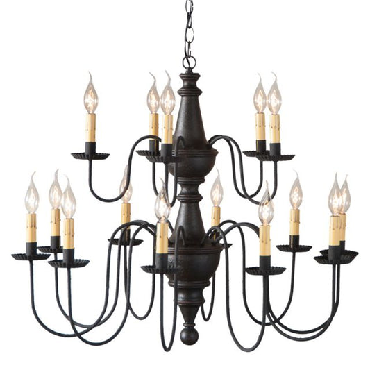 A two-tiered wooden chandelier with a black finish, featuring textured arms and crimped pans, with 15 E12/Candelabra sockets.