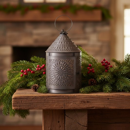 Decorative lantern on a wooden surface with Christmas decorations in the background