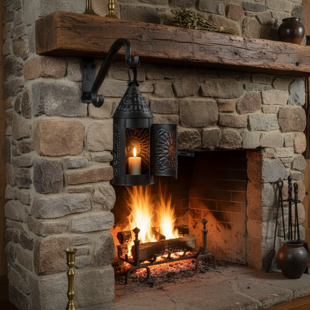 Stone fireplace with a lit candle in a decorative holder