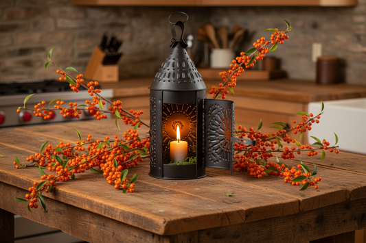 Tin revere lantern with fresh bittersweet on primitive kitchen island