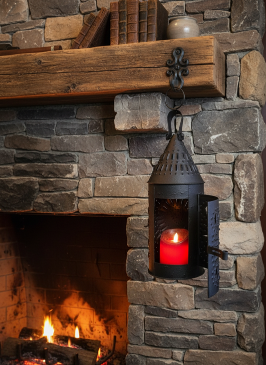 Candle in a black lantern hanging above a stone fireplace with wooden mantel.