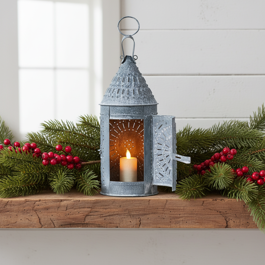 Decorative lantern with a lit candle on a wooden shelf with greenery and berries.