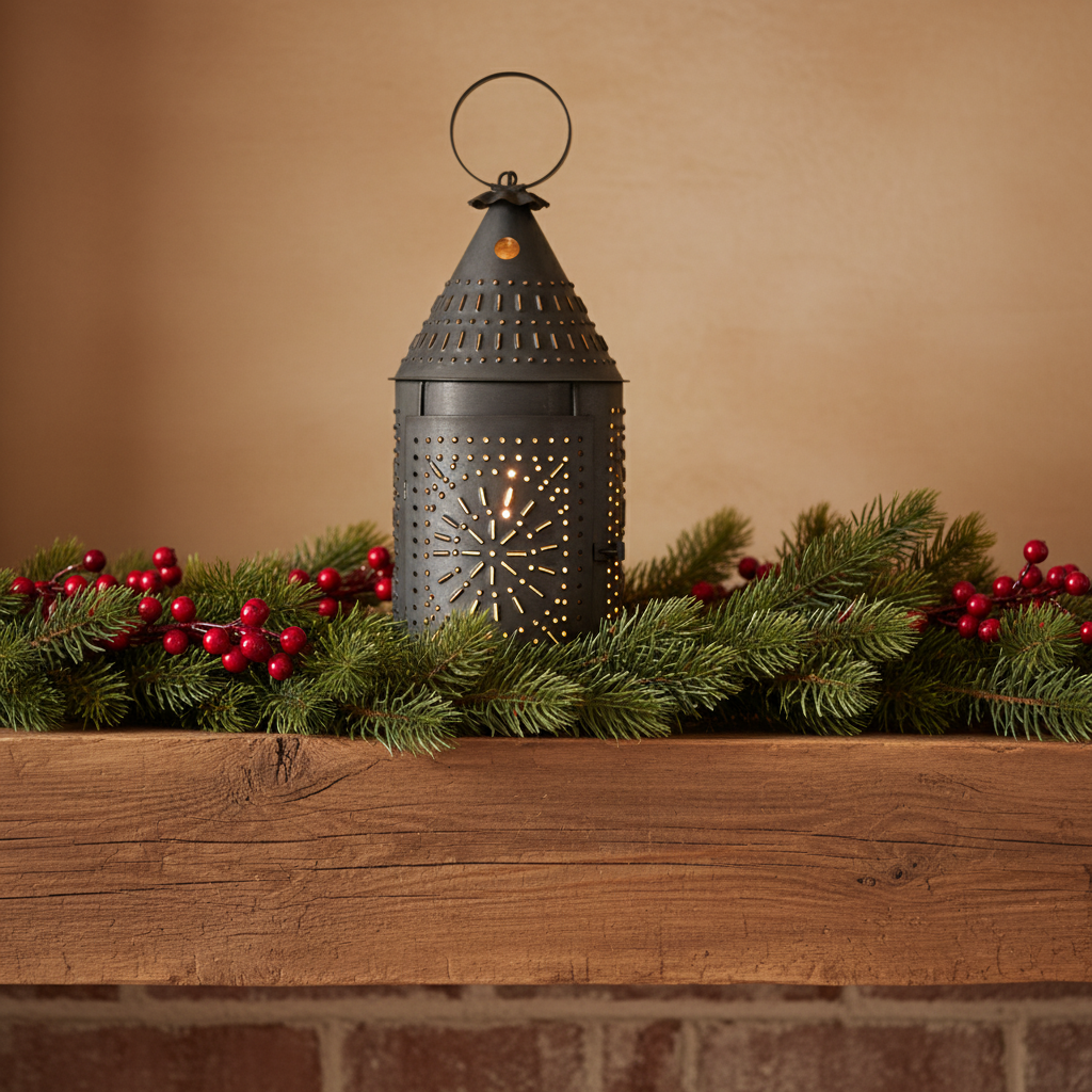 Decorative lantern with greenery and berries on a wooden surface against a beige background