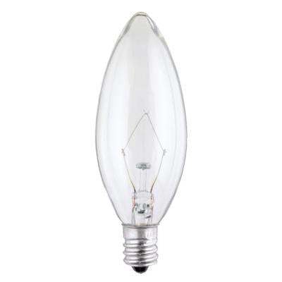 A clear, incandescent torpedo-shaped light bulb with an E12 base.