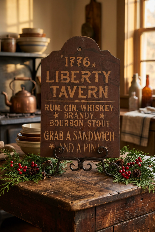 Primitive wood sign that says 1776 Liberty Tavern with fresh greens and berries