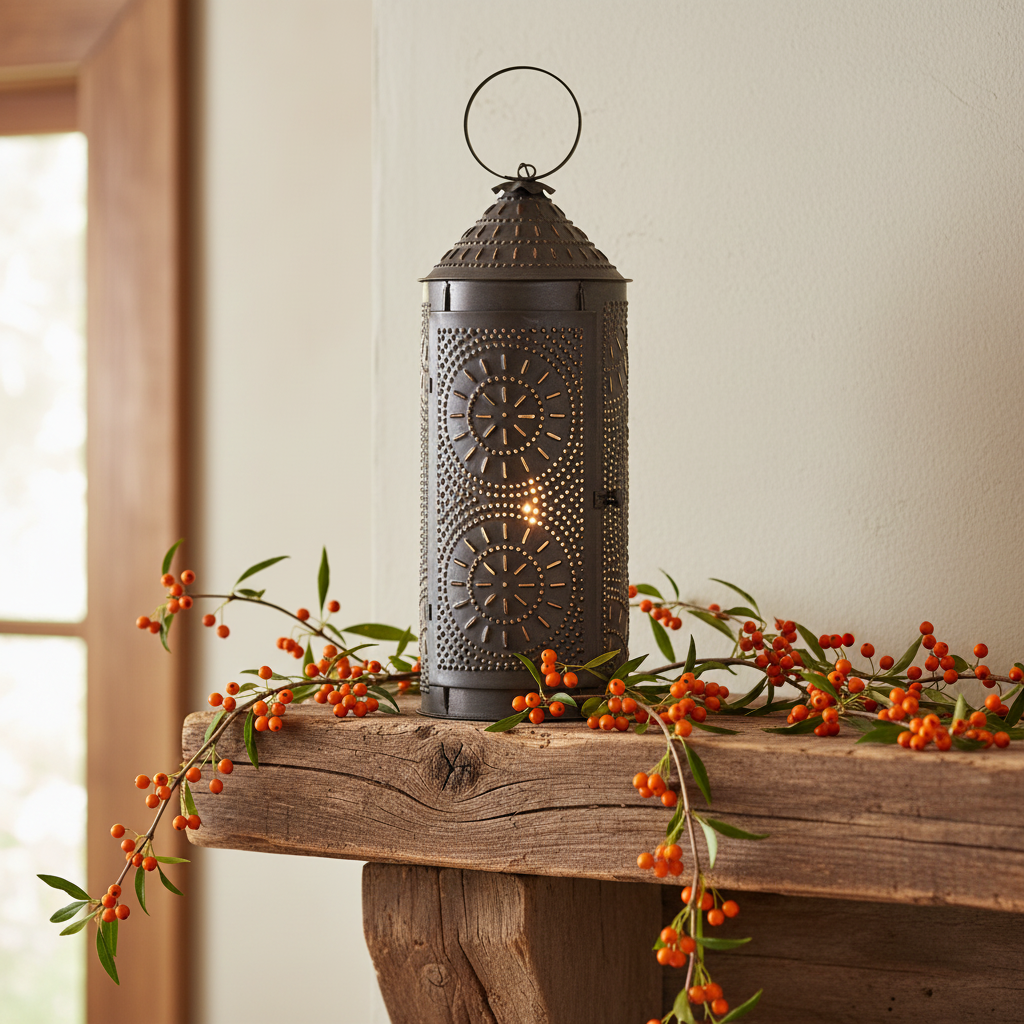 Decorative lantern with intricate patterns on a wooden surface with foliage