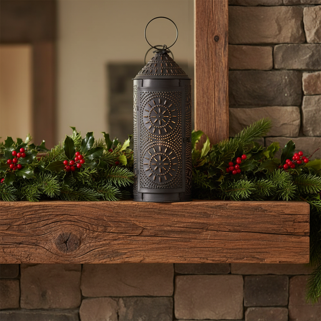 A dark metal lantern with laser-cut geometric patterns sits on a rustic wooden mantel decorated with green garland and red berries, set against a stone fireplace background.