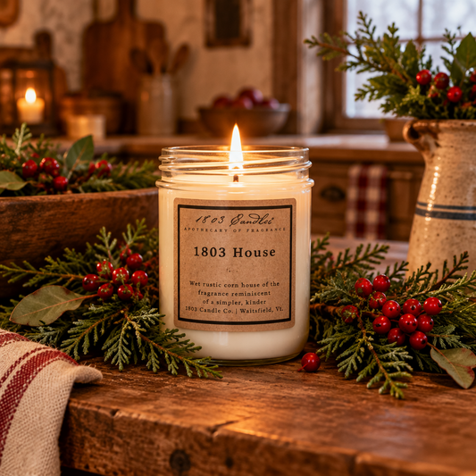 A lit candle in a clear glass jar sits on a rustic wooden table surrounded by evergreen branches, red berries, and a cozy indoor setting in the background. The front label reads '1803 Candle Co.