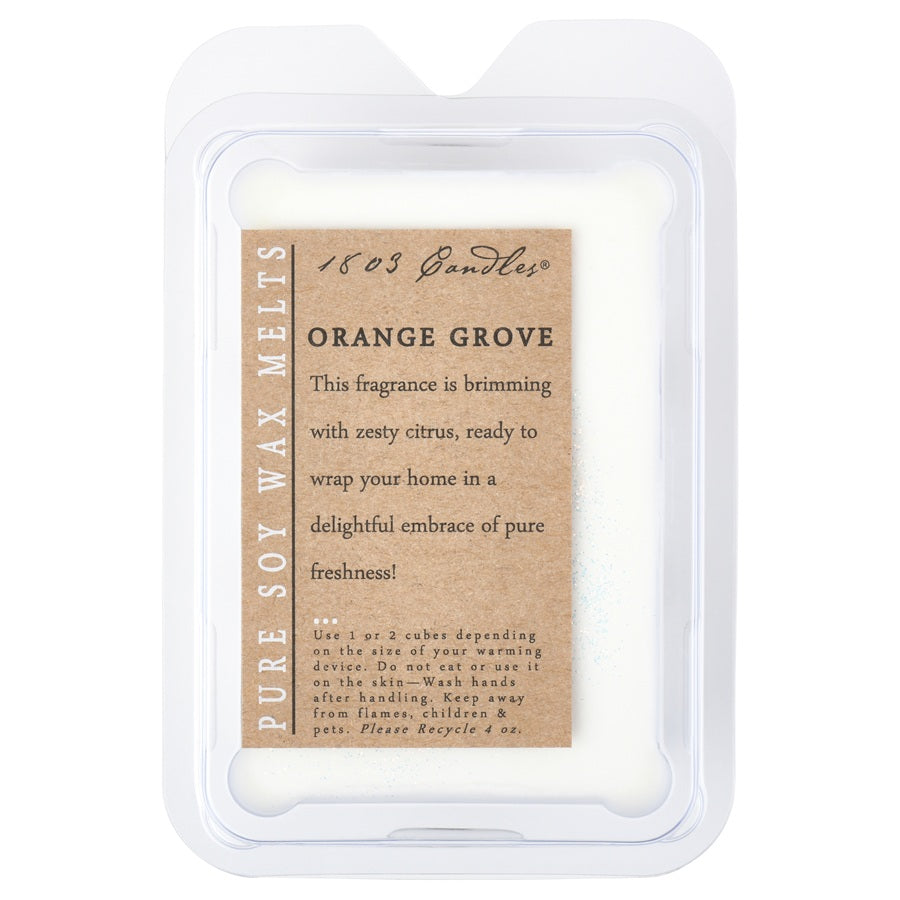 Orange Grove soy wax melt packaging with text on a white background
