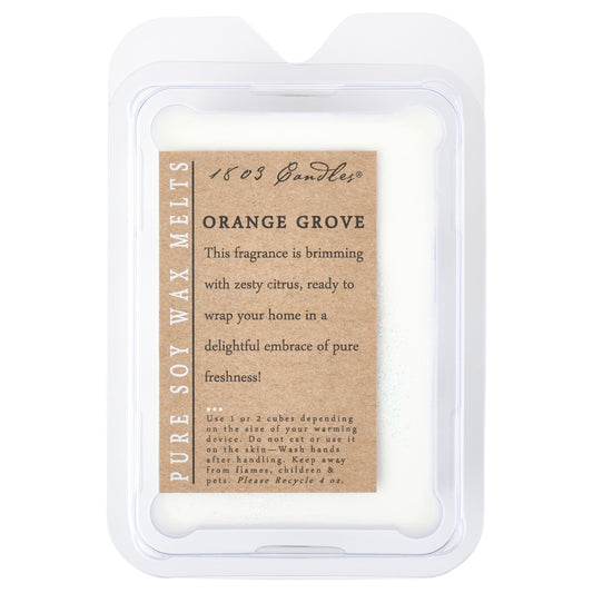 Orange Grove soy wax melt packaging with text on a white background