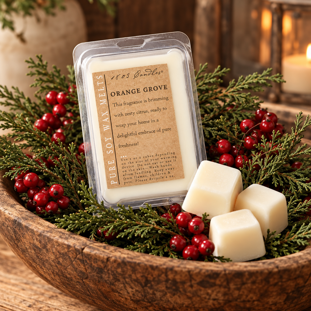 A clear plastic clamshell package of 1843 Candle Co. Orange Grove pure wax melts sits in a rustic wooden bowl filled with evergreen branches and red berries, with three cream wax cubes beside it.