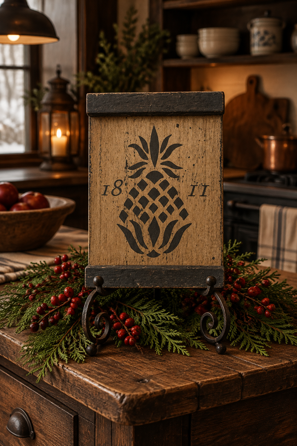 A rustic wooden sign featuring a black stencil pineapple design with the numbers 18 and 11, displayed on a small black metal stand on a wooden table. The sign is decorated with pine branches and red berries in a cozy, warmly lit kitchen setting.